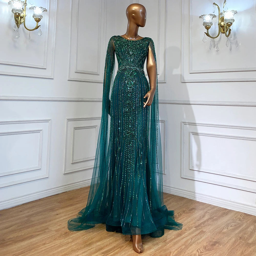 Serene Hill Brown Mermaid Elegant 2024 With Cape Sleeves Beaded Luxury Evening Dresses Gowns For Women Party LA70638