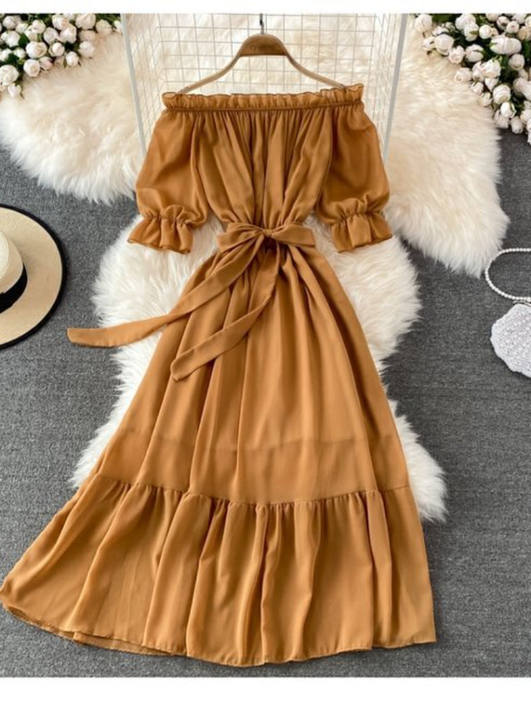 Beach Dress Women Sexy Off The Shoulder Slash Beach Chiffon Dresses Ladies Elegant A Line Bandage Party Dress Long Robe