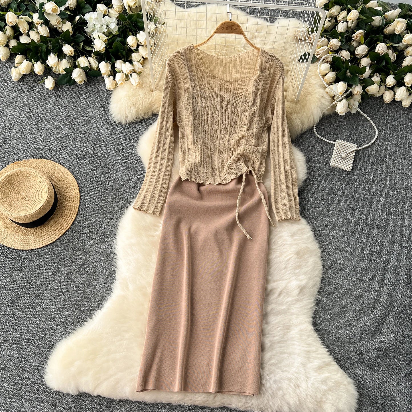 French Vintage Shirring lool sleeve slip knit overcoat with sweet slip A-line Chic Casual Vacation Women Summer dresses