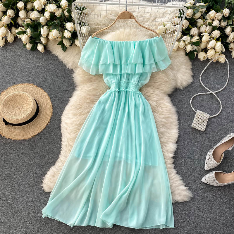 Women Chiffon Beach Dress Sexy Double Layer Ruffled Off The Shoulder Boho Dresses Ladies Sweet Slash Neck Long Dress