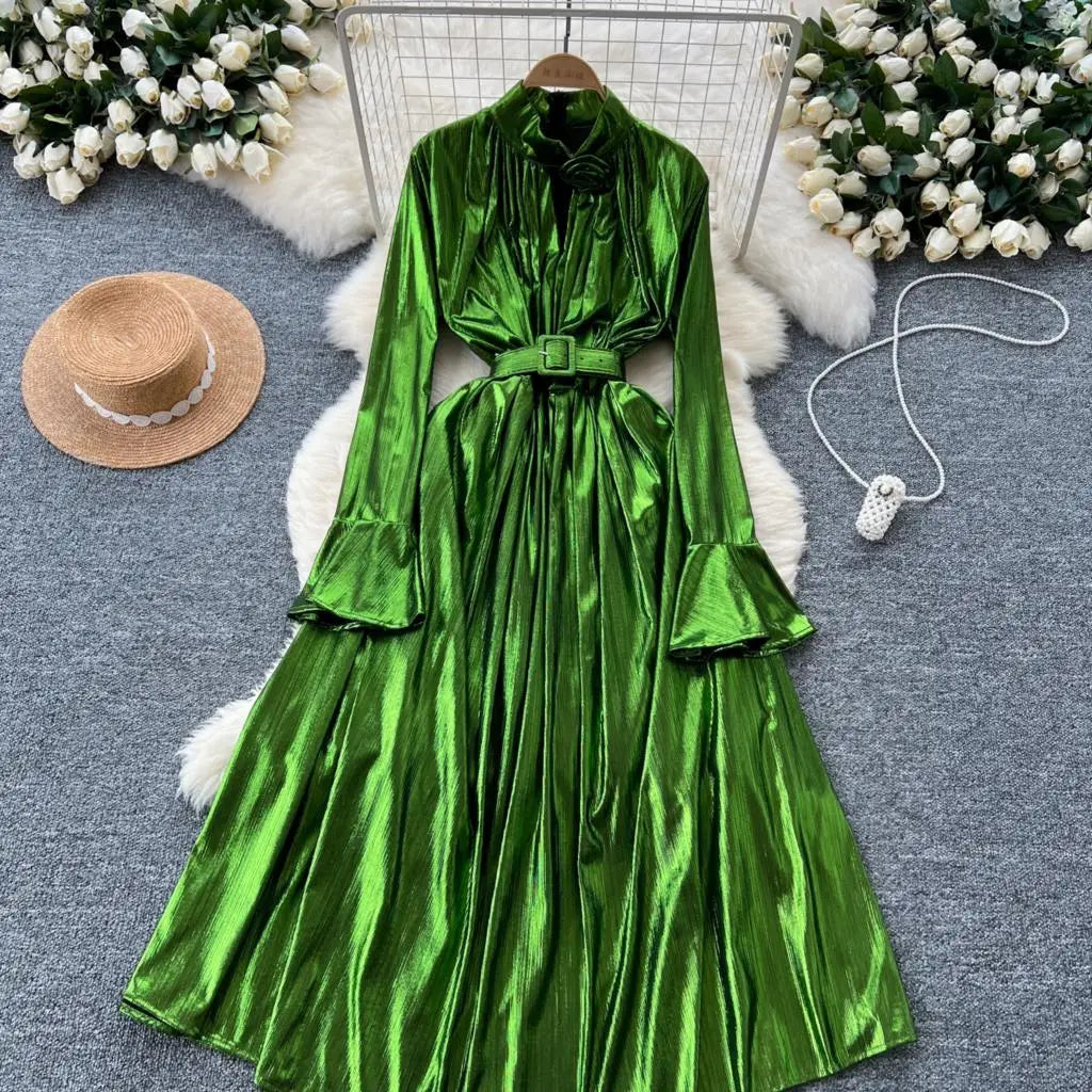 Autumn Vintage Pleated Women Long Dress Elegant Stand Collar Solid A-Line Party Prom Vestidos Female Birthday Clothes Mujers