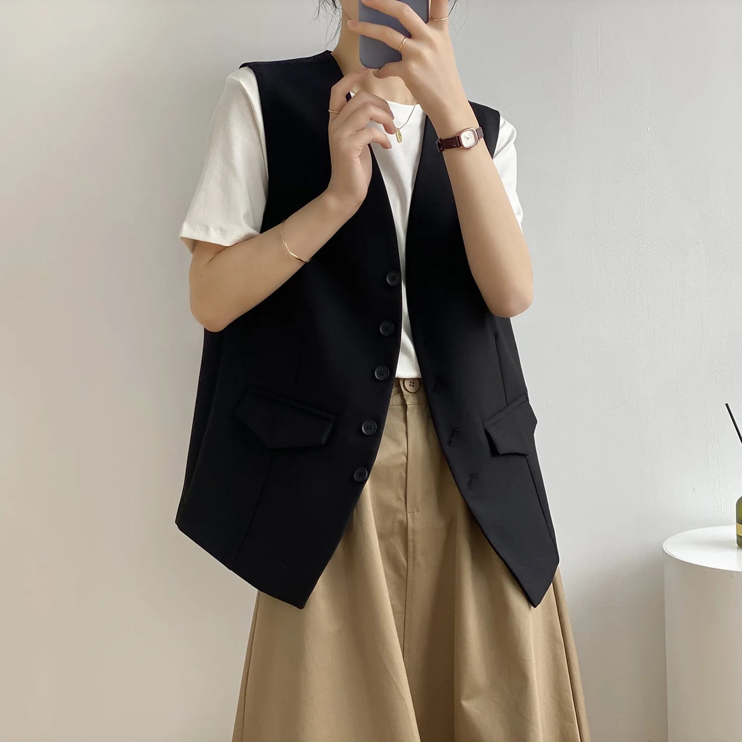 Women V-neck Suit Vest Spring Autumn New Korean Version Fashionable Sleeveless Jacket Trendy Casual Single Breasted Waistcoat