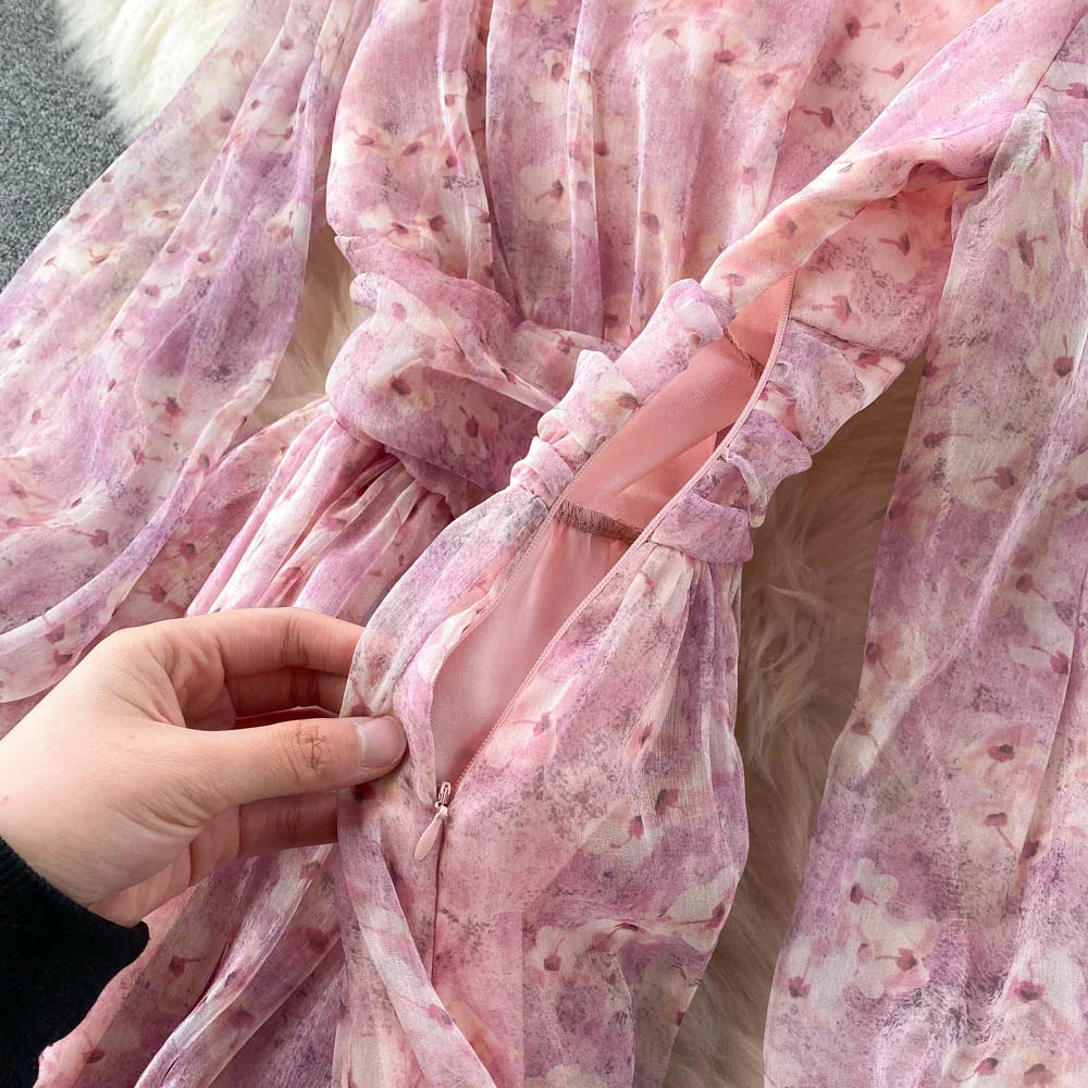 Vintage Floral Print Pleated Elegant Puff Sleeve Dress A-line Chiffon Beach Vacation casual Dress Women Summer Spring Vestidos