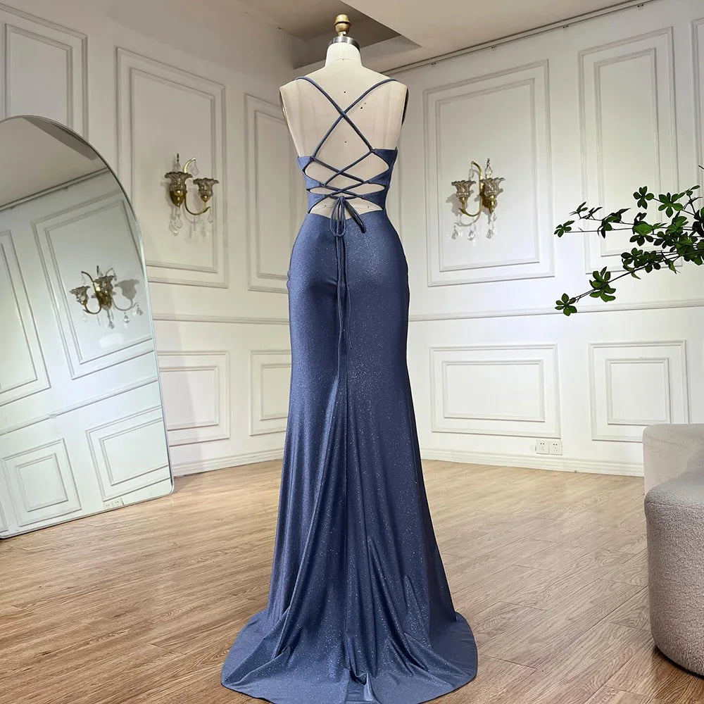 Serene Hill 2024 Saudi Arabic Blue Elegant Spaghetti Strap Mermaid Long Evening Gown with Split for Formal Occasion LA72720