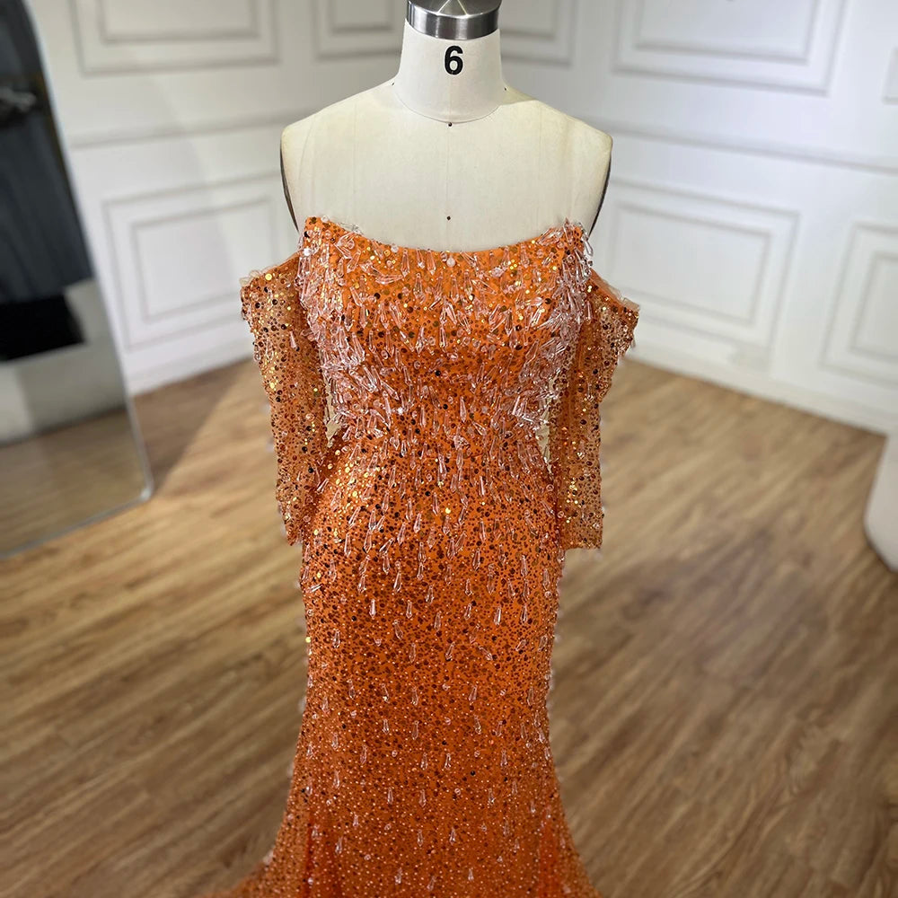 Serene Hill Arabia Orange Mermaid Strapless Luxury Beaded Crystal Evening Dresses Gowns for Women Wedding Party 2024 LA72402