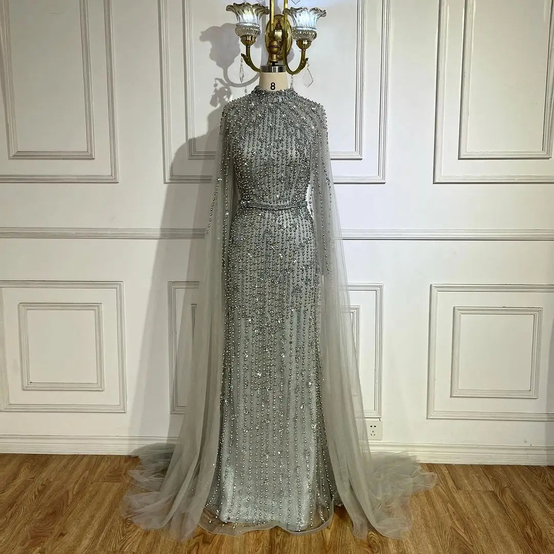 SERENE HILL 2024 Arabic Nude Mermaid Cape Long Sleeves Luxury Beaded Evening Dresses Formal Gowns Women Wedding Party GLA72372