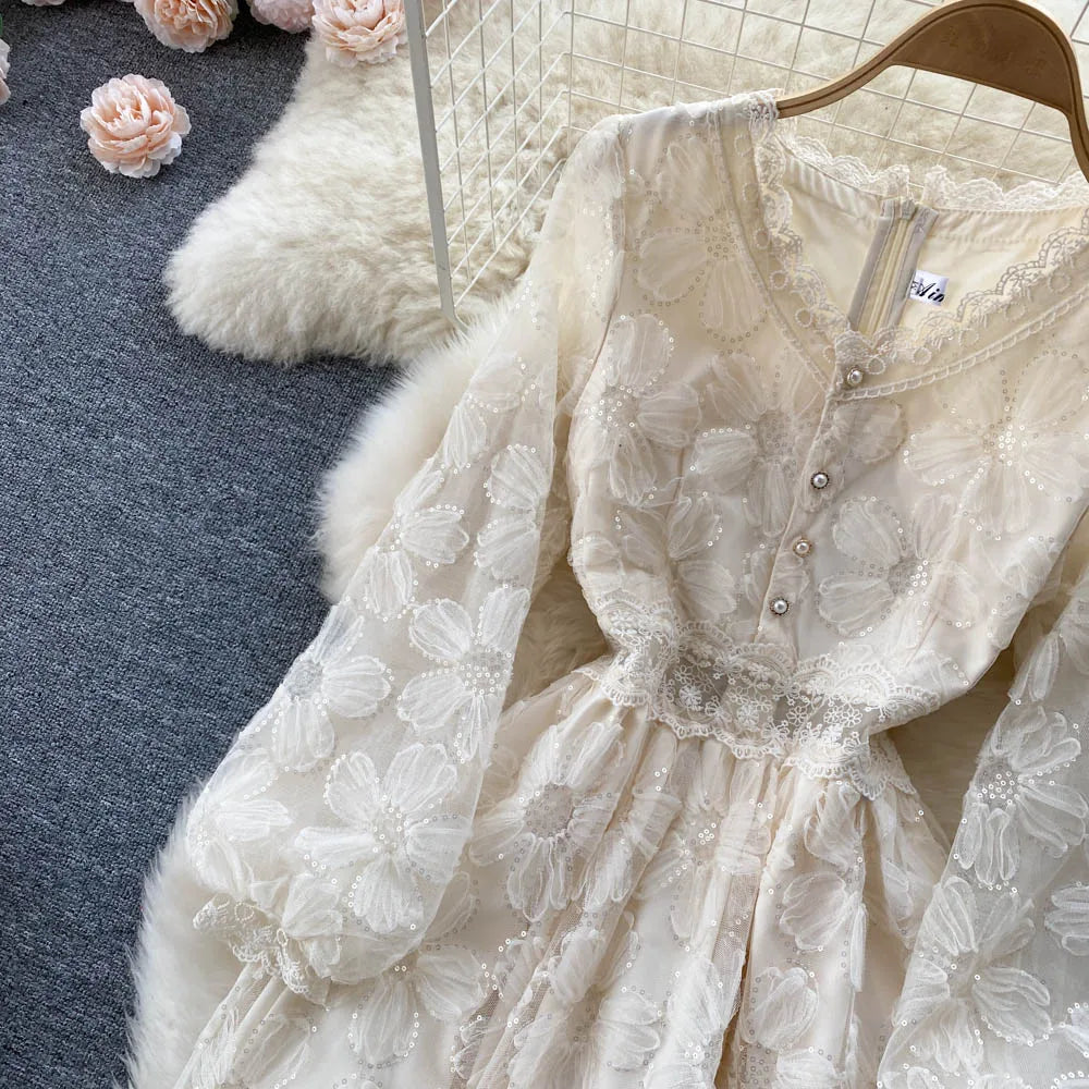 Elegant and Chic Women Fashion Lace Midi Party Dress Spring Vintage A-Line Solid Birthday Prom Vestidos Female Clothes Robe New