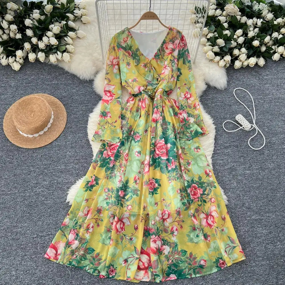 Women Elegant Floral Print Dress for Women Vintage V-Neck Long Sleeves Chiffon Slim A-Line Vestidos Mujer Autumn Female Clothes