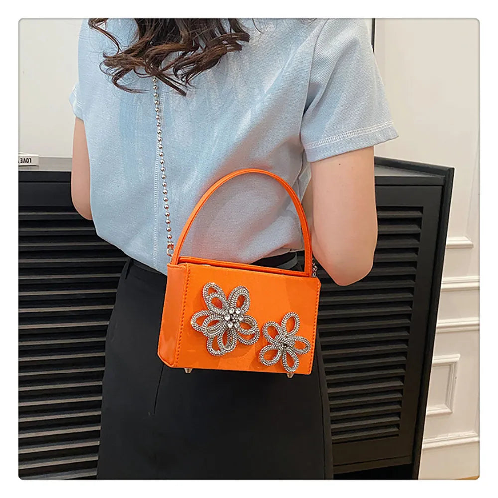 Light Luxury High-Grade Women Chain Crossbody Bag Korean Design Sense Diamond Flower New Pop Handbag Fashion Box Mini Square Bag