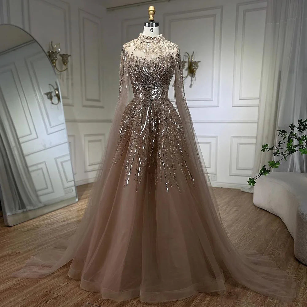 Serene Hill Caramel Luxury Evening Dresses with Cape Sleeves A-Line Beaded Lace Gown For Women's Wedding Party 2024 LA72386