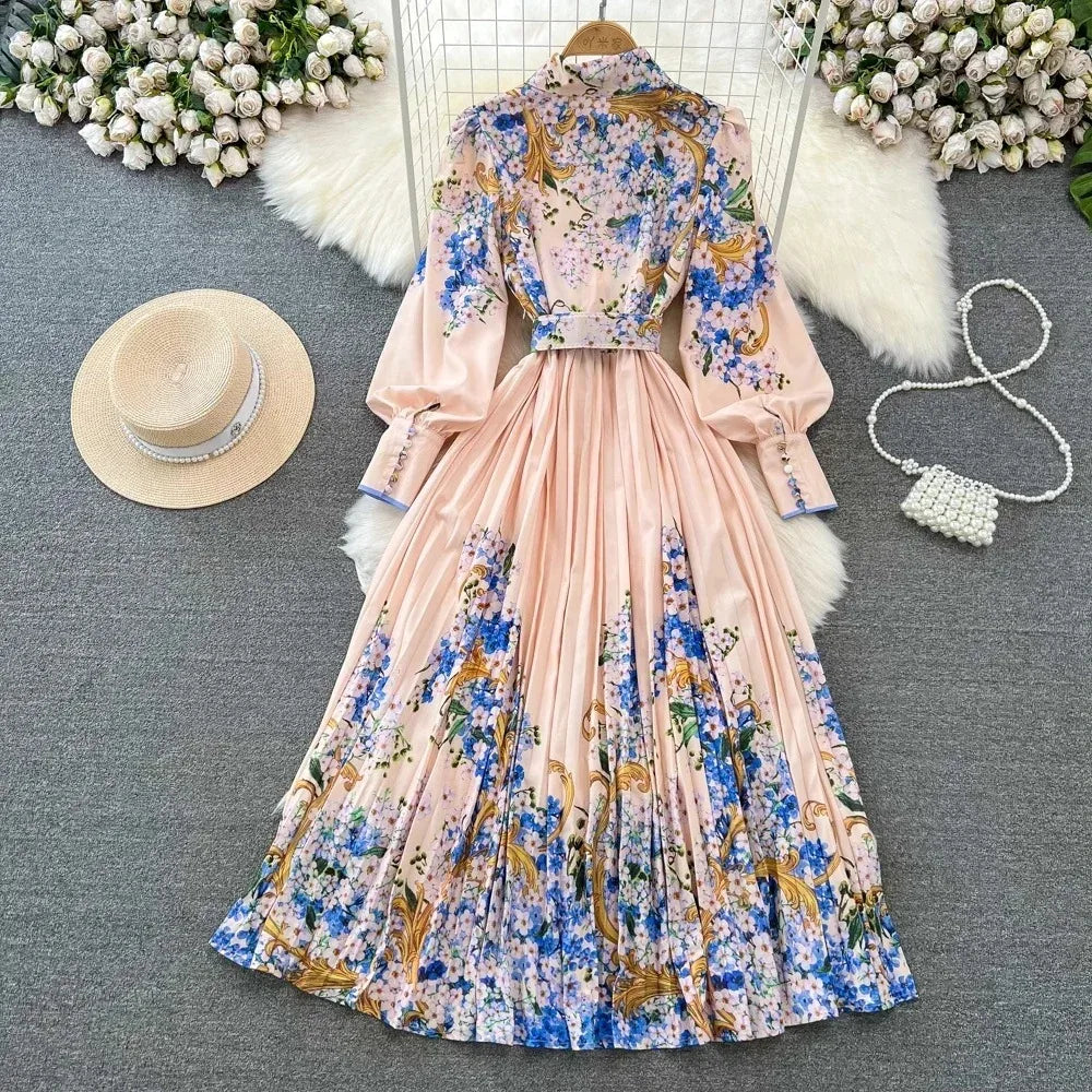 Vintage Print Elegant Lantern Long Sleeve Lapel A-line Dress Casual Women Fashion Autumn Spring Dress