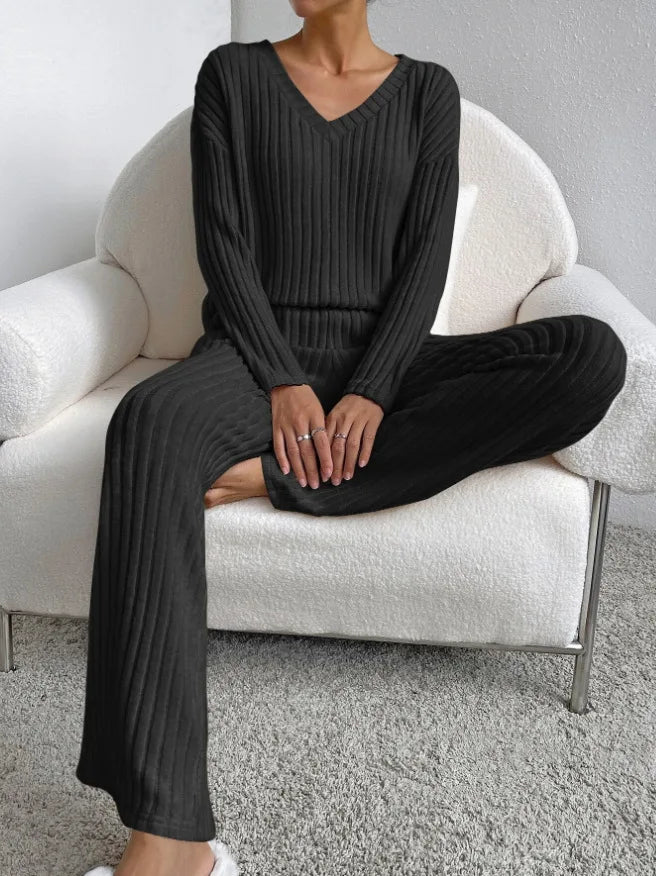 Pit striped Knitted Two Piece Set for Women Spring Solid Casual 2-piece V-neck Pullover Sweater+Straight Leg Pants Trendy Female