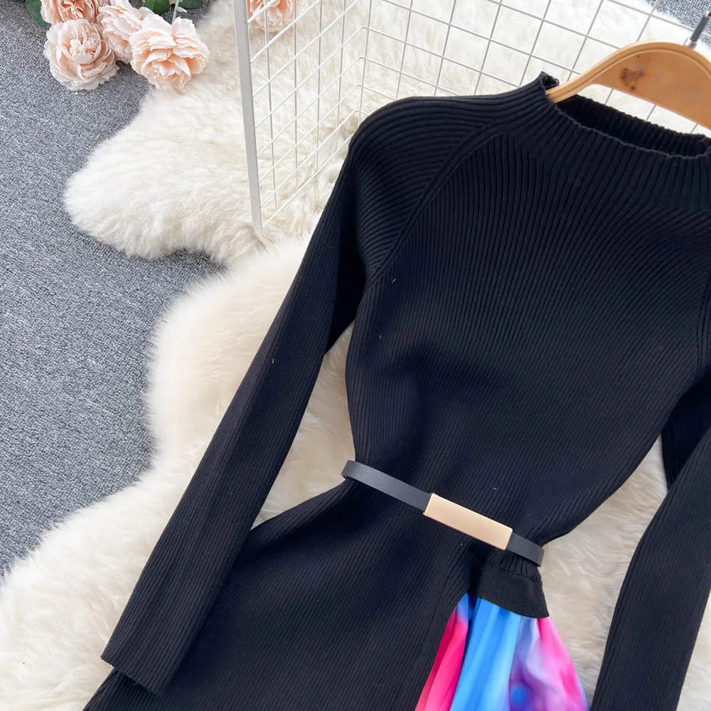 Elegant Chic Print Patchwork Knit Dress French Long Sleeve Party A-line Vestidos High Waist Basic Slim Women Autumn Winter Dress
