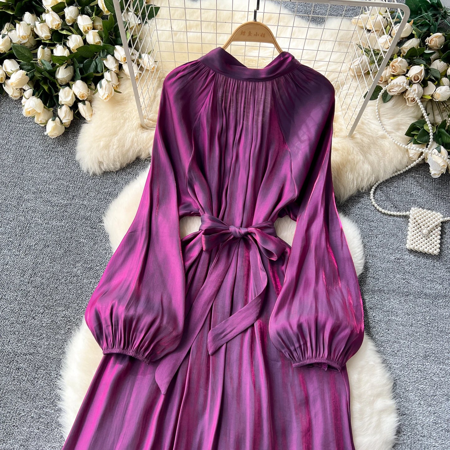 French Vintage Pleated lool sleeve print Lace-up Bow sweet Dress Casual Women Fashion summer dresses