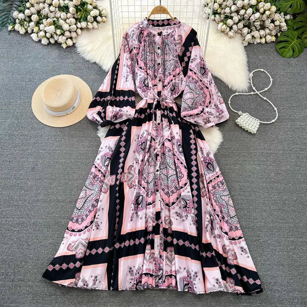 Elegant Women Casual Floral Print Party Dress Vintage Lantern Sleeve A-Line Pleated Prom Birthday Clothes Female Fashion Robe