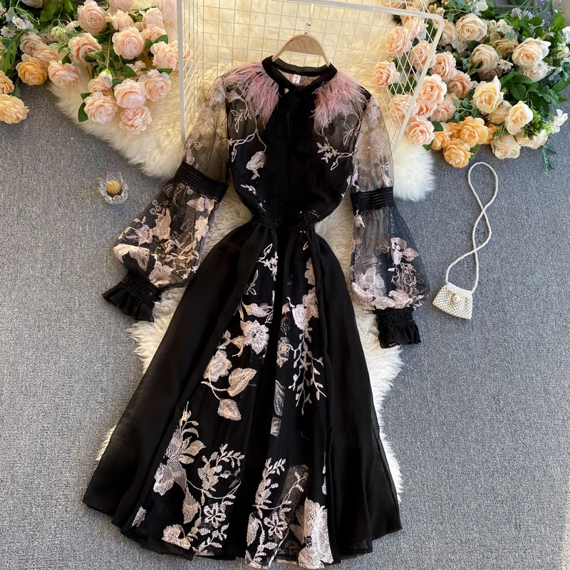 Retro Print Floral Embroidery Elegant Lace Up Dress A-line Long Sleeve Casual O-neck High Waist Dress Women Ceremonial Dress