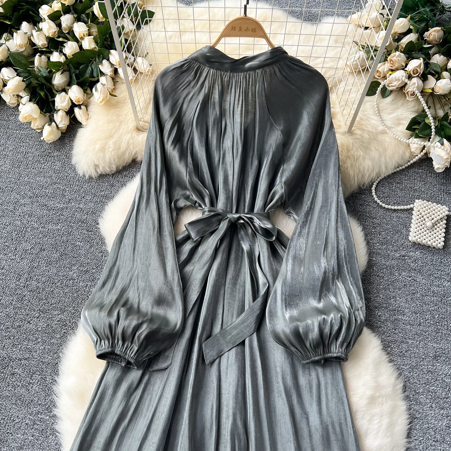 French Vintage Pleated lool sleeve print Lace-up Bow sweet Dress Casual Women Fashion summer dresses