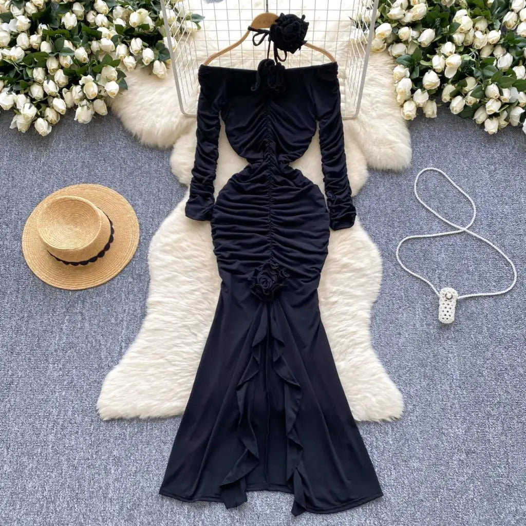 Sexy Elegant and Chic Women Pleated Mermaid Dress Strapless Bodycon Slim Evening Party Christmas Dresses Female Clothes Mujers
