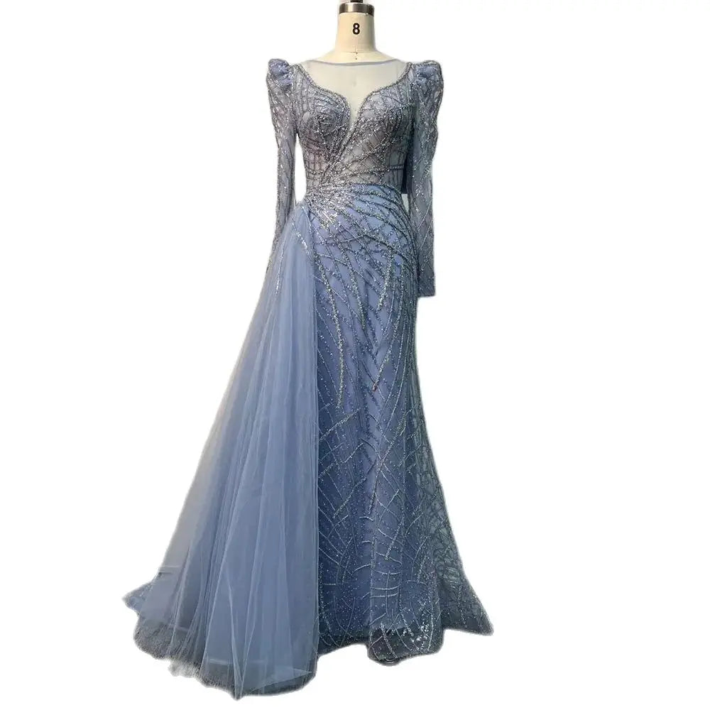 Serene Hill Muslim Gold Mermaid Beaded Luxury Dubai Evening Dresses Gowns With Overskirt 2024 For Women Party LA72206