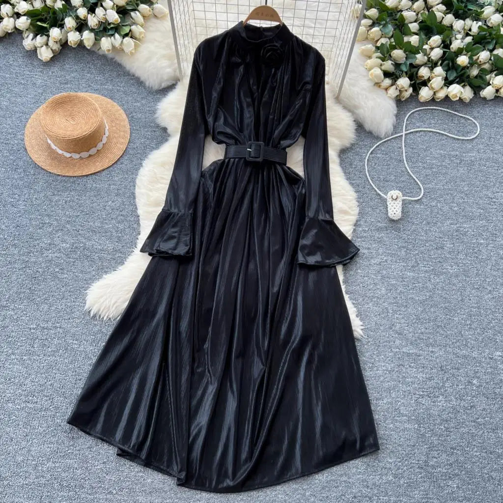 Autumn Vintage Pleated Women Long Dress Elegant Stand Collar Solid A-Line Party Prom Vestidos Female Birthday Clothes Mujers