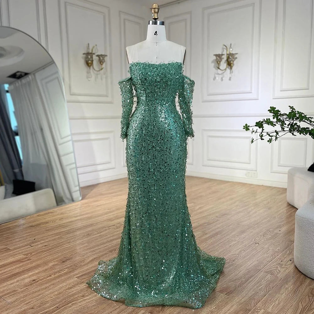 Serene Hill Arabia Orange Mermaid Strapless Luxury Beaded Crystal Evening Dresses Gowns for Women Wedding Party 2024 LA72402