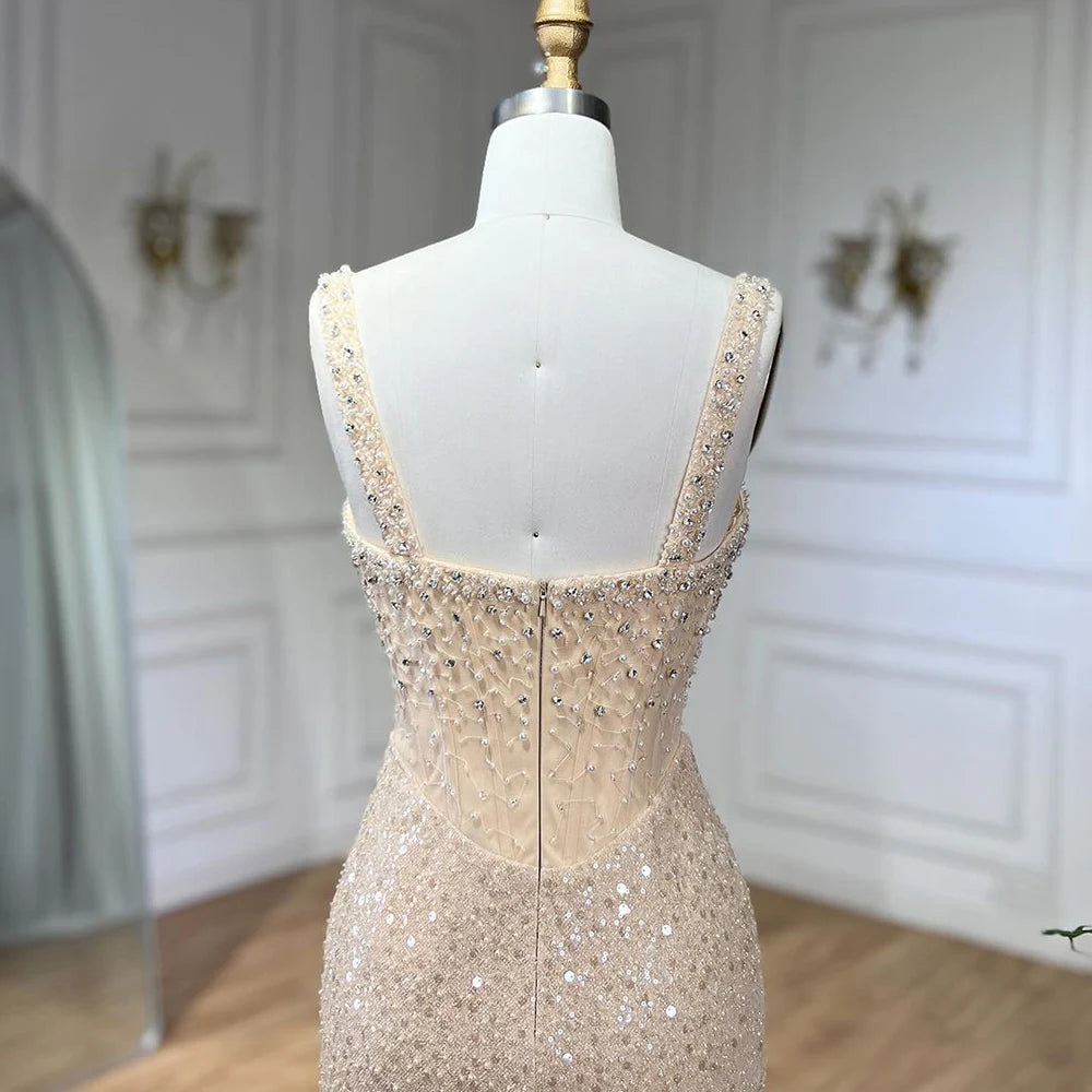 Serene Hill Beige Mermaid Floor Length Evening Gowns Luxury Beaded Crystal Spaghetti Strap Party Drsses For Women 2024 LA72163