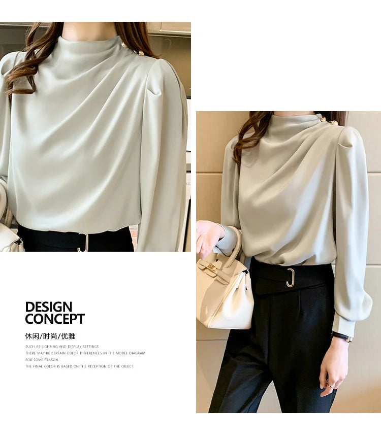 Autumn New Women's Style Stand up Collar Pleated Long Sleeve Top Fashion Lantern Sleeve Loose Elegant Solid Color Shirt Blouse