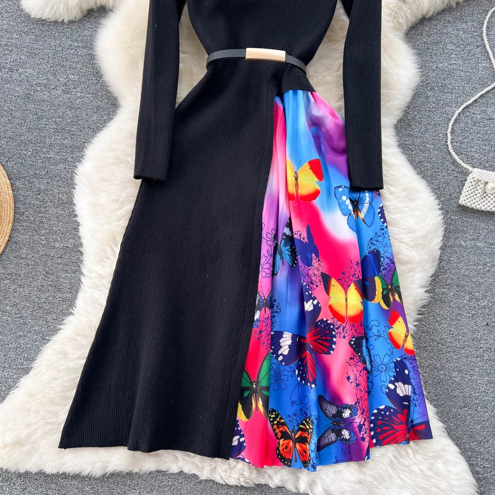 Elegant Chic Print Patchwork Knit Dress French Long Sleeve Party A-line Vestidos High Waist Basic Slim Women Autumn Winter Dress