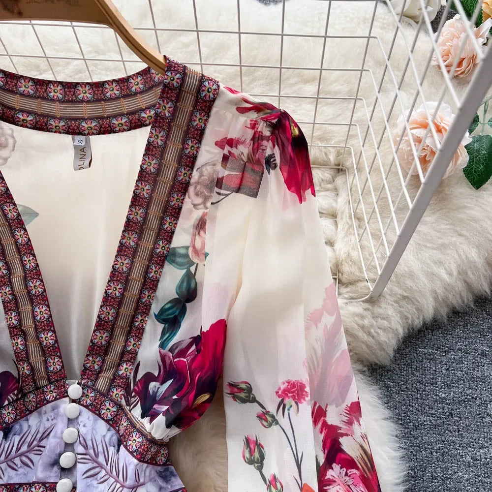 Retro Floral Print Pleated Elegant Chiffon Maxi Dress A-line Mesh V Neck Beach Vacation Party Dress Women Summer Spring Vestidos