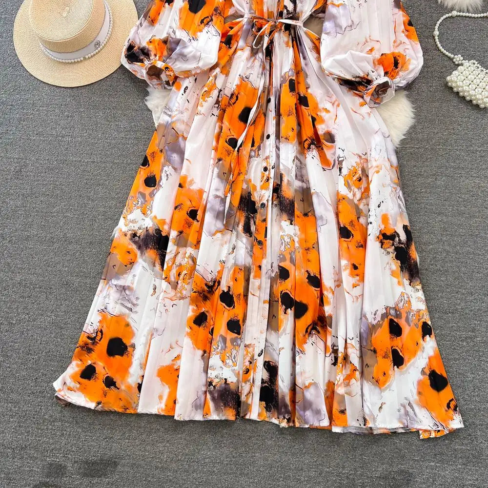 Elegant Women Casual Floral Print Party Dress Vintage Lantern Sleeve A-Line Pleated Prom Birthday Clothes Female Fashion Robe