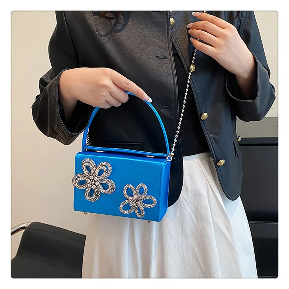 Light Luxury High-Grade Women Chain Crossbody Bag Korean Design Sense Diamond Flower New Pop Handbag Fashion Box Mini Square Bag
