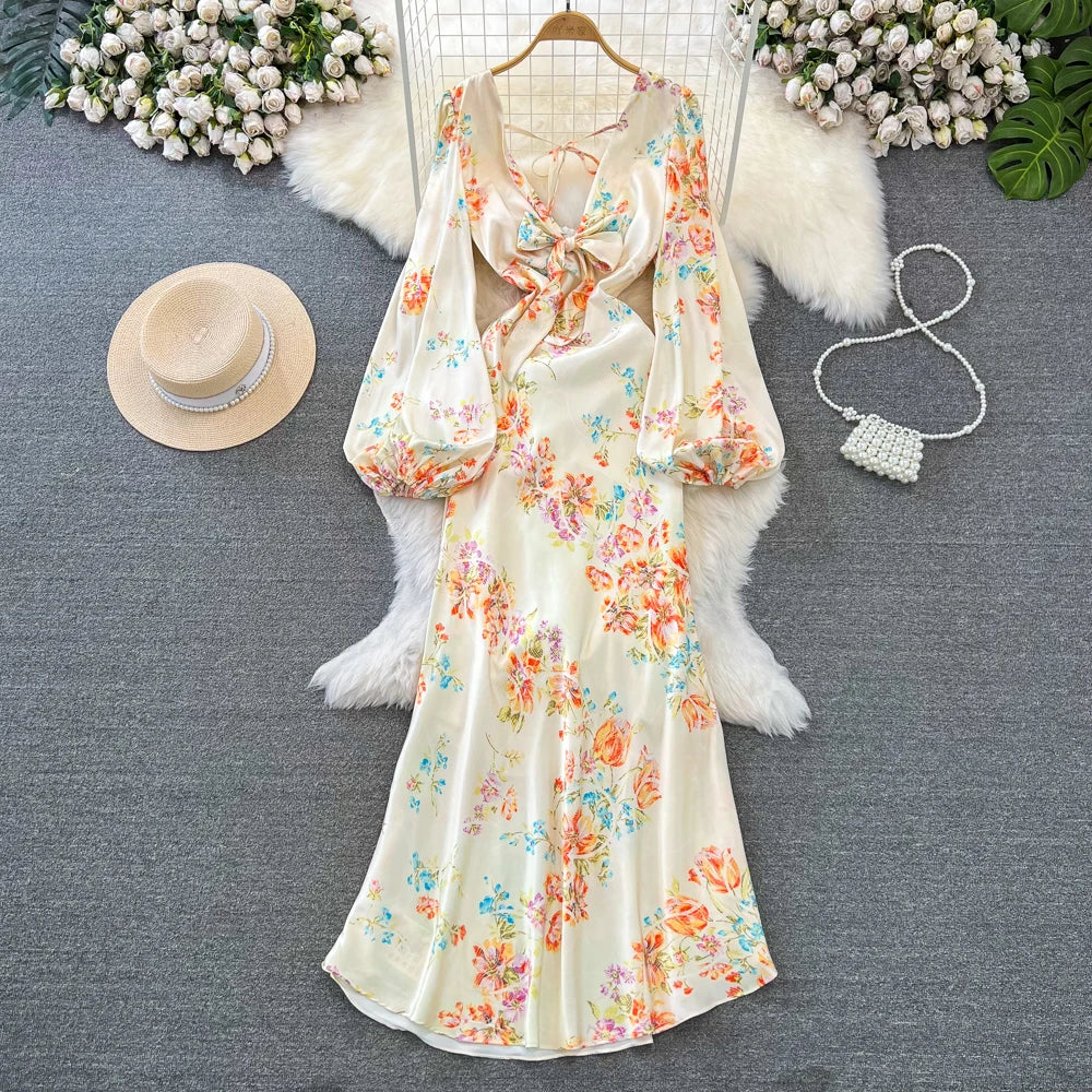 Sexy Bodycon Satin Floral Long Dresses for Women Lantern Sleeve V-Neck Slim Mermaid Evening Party Dress Prom Robe New Vestidos