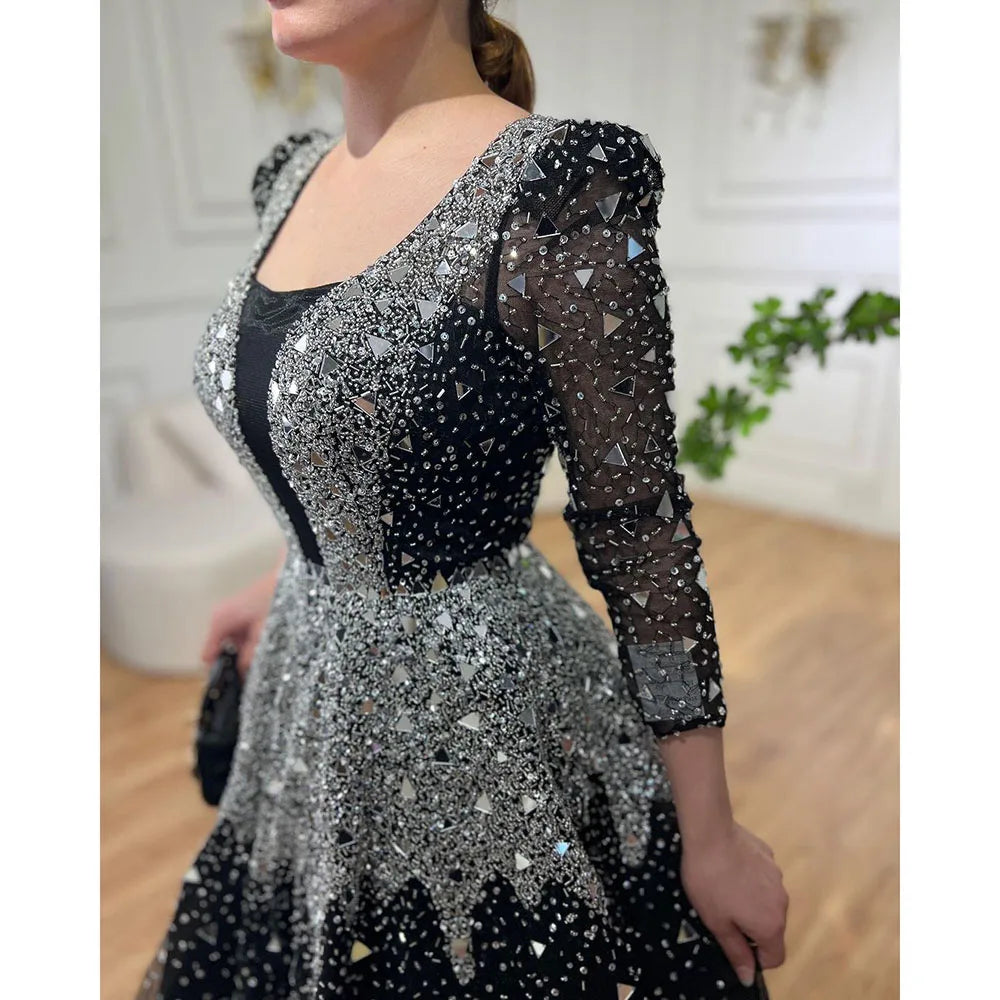 Serene Hill Muslim Black A-Line Evening Dresses Gowns 2024 Sequined Beaded Luxury For Woman Wedding Party LA71214