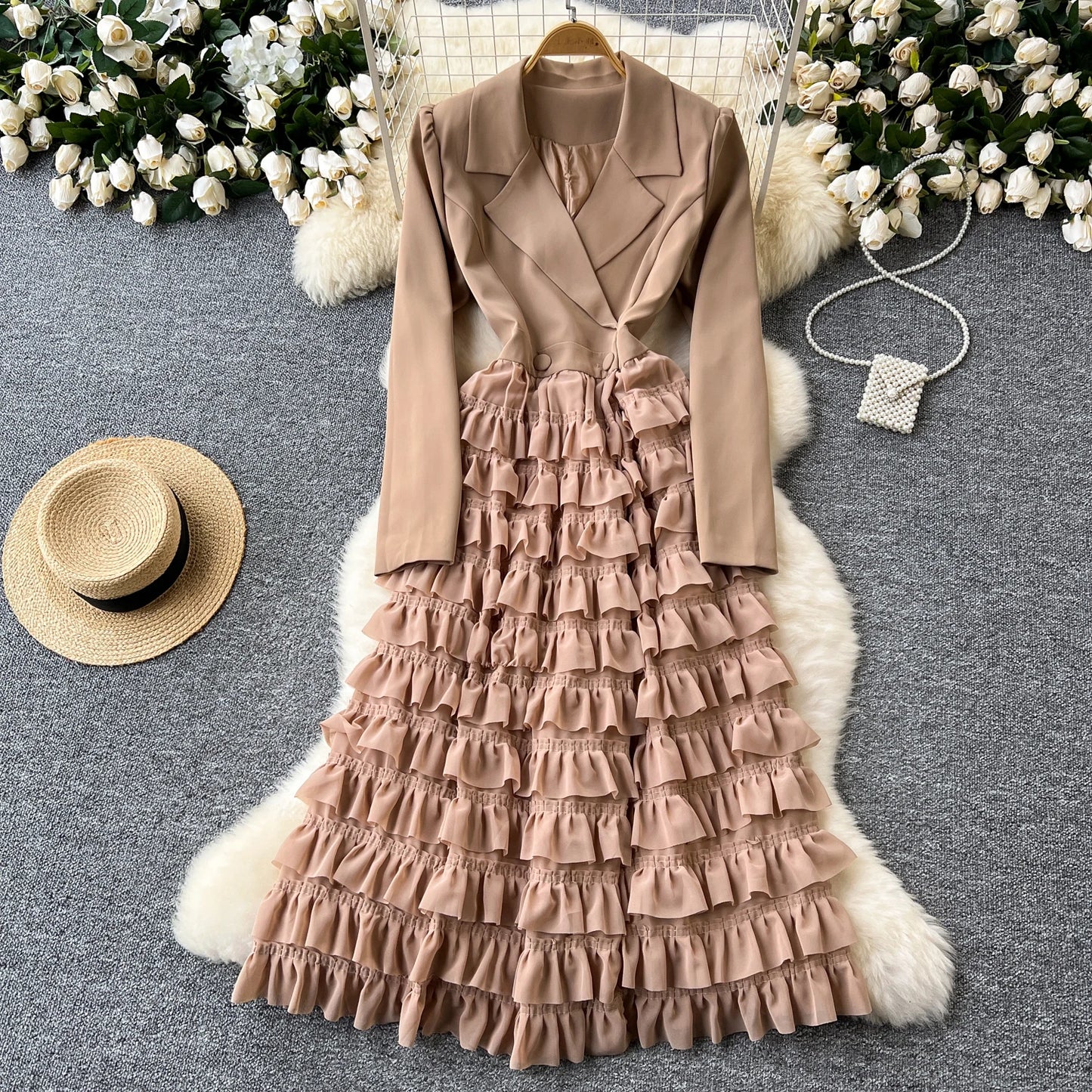 French Vintage Two Pieces Sets Notched lool sleeve mesh sweet A-line Chic PATCHWORK Women Summer dresses