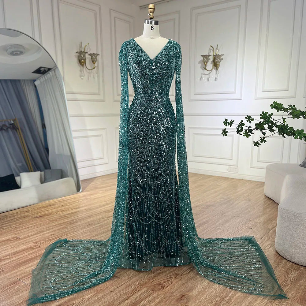 Serene Hill Arabic White Luxury Pearls Beaded Mermaid Cape Sleeves Evening Gowns 2024 For Women Wedding Party LA72160