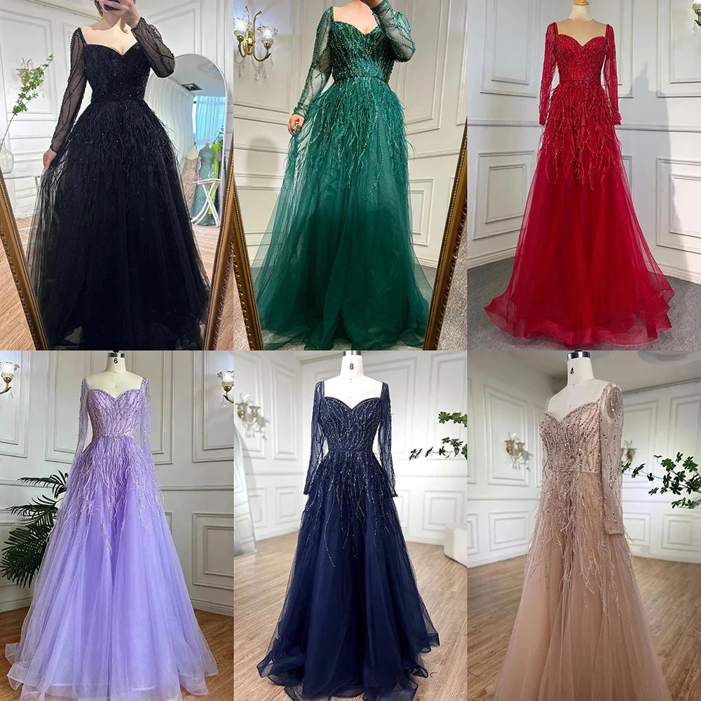 Serene Hill Arabic Red Elegant A Line For Women Long Sleeves Evening Dress Luxury Beaded Handmade Feathers 2024 LA71468