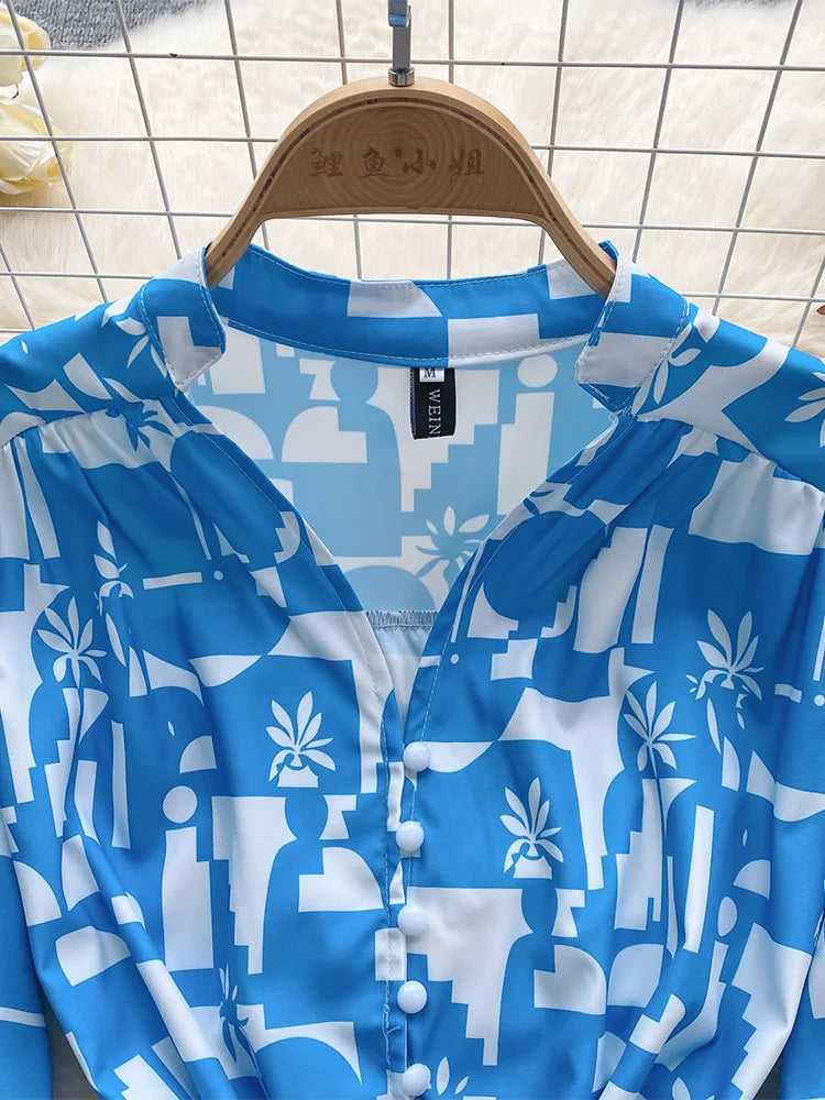 Short Dresses For Women Front Button Up Elegant Geometric Print Dress V Neck Long Sleeve Ruffle Hem Tie Belt Mini Casual Dress