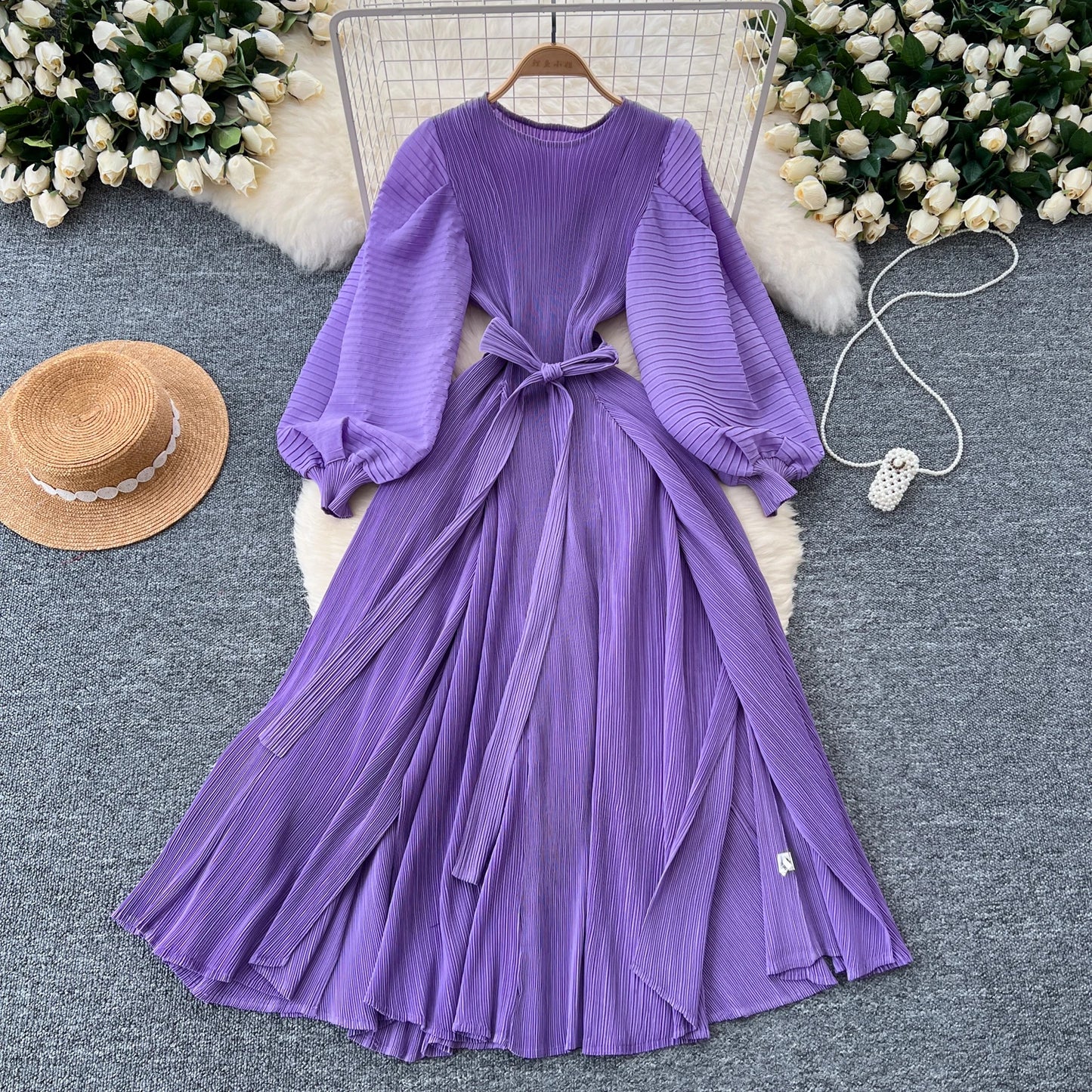 Vintage Elegant Lantern Sleeve Sweet Pleated Dress Women Basics Fashion Summer Spring Dresse