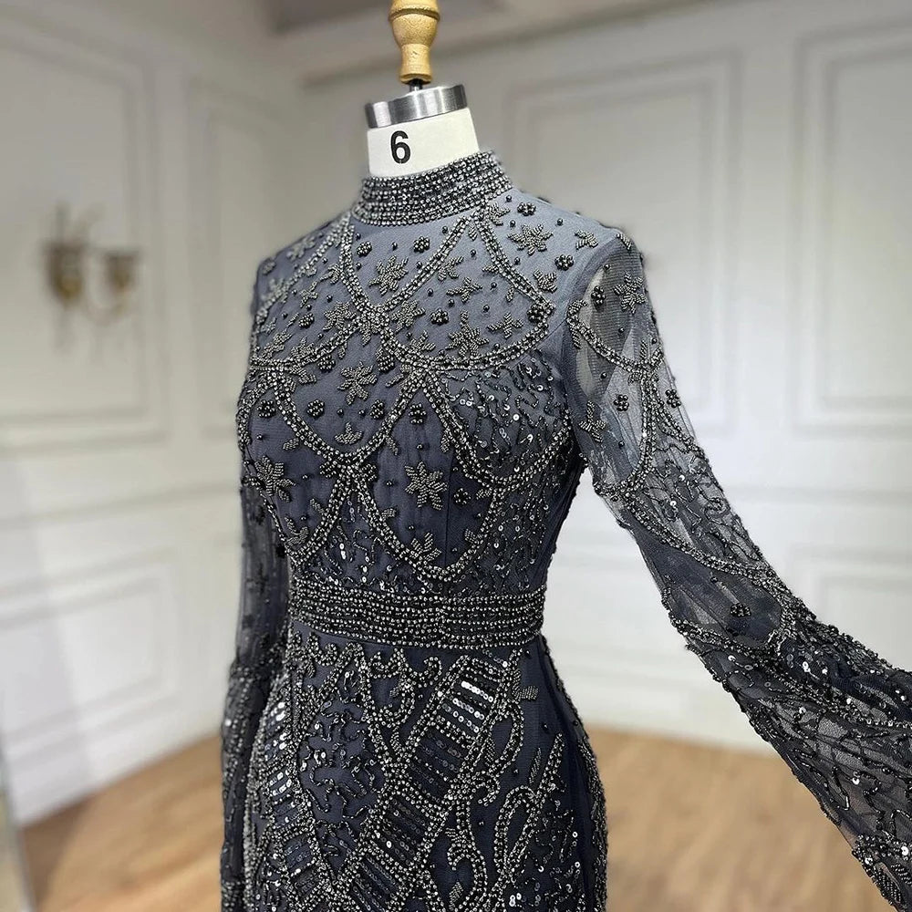 Serene Hill Muslim Grey Mermaid Elegant Nude Cape Sleeve Beaded Luxury Dubai Long Evening Dress 2024 Women's Party LA72316