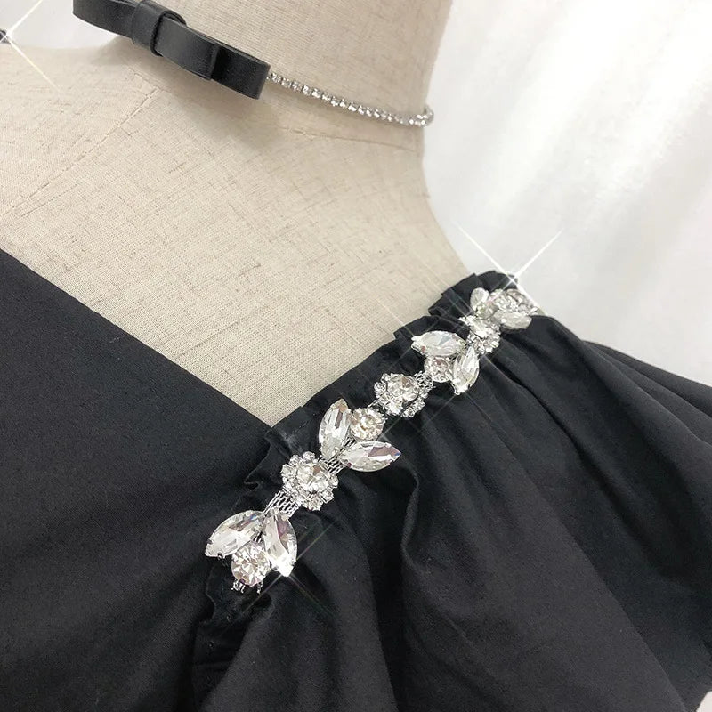 Heavy Industry Diamond Decorated Black Square Neck Cropped Shirt Women's Summer Elegant Temperament Waist Fold Bubble Sleeve Top