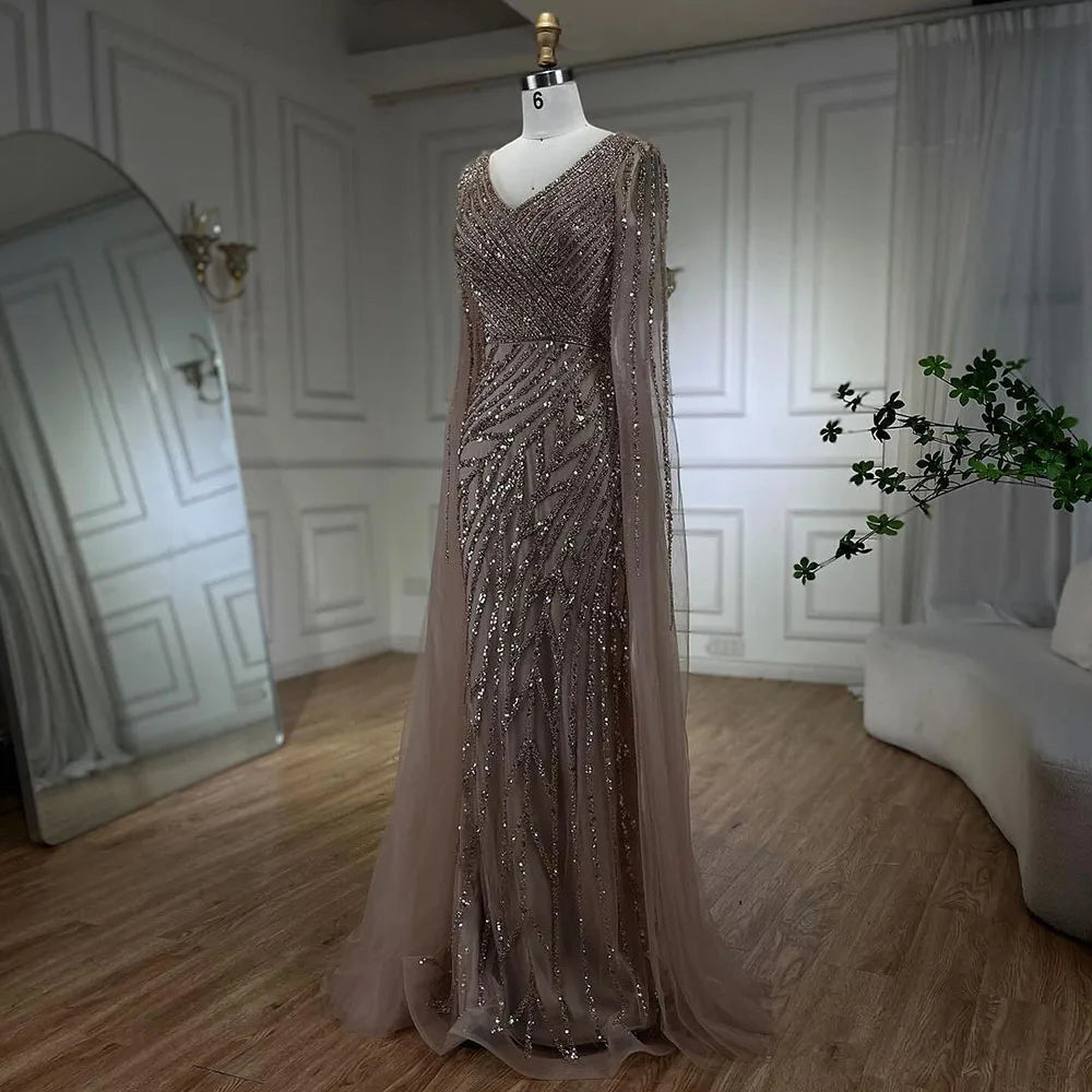SERENE HILL 2024 Arabic Dubai Caramel Mermaid Luxury Beaded Evening Dresses Cape Sleeves Gowns For Women Wedding Party GLA71493A