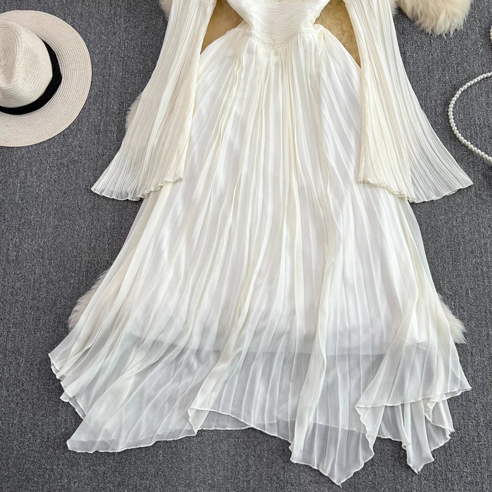 Autumn Solid Pleated Long Dresses for Women Halter V-Neck Flare Sleeve Wedding Party Dress Korean Fashion One Piece Vestidos New