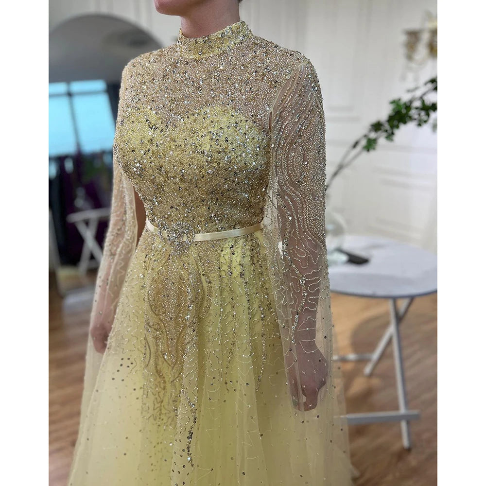 Serene Hill Blue A-Line High-end Beaded Luxury Cape Sleeves Evening Dresses Gowns 2024 For Woman Party Plus Size LA70066B