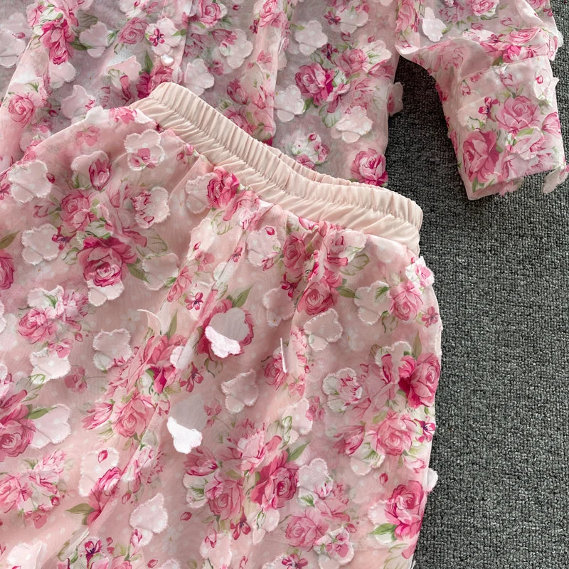 Clothland Sweet Appliqued Floral Blouse Suit Two Piece Pink Set Long Sleeve Shirts Mini Shorts Spring Set TZ228