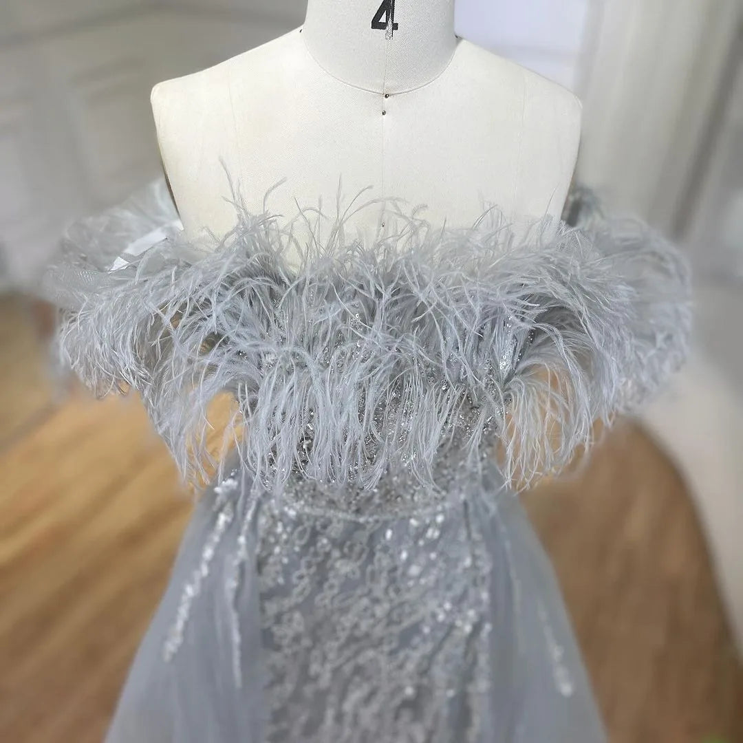 SERENE HILL 2024 Blue Feather Mermaid Luxury Beaded Evening Dresses Overskirt Formal Pink Gowns For Women Wedding Party GLA72061