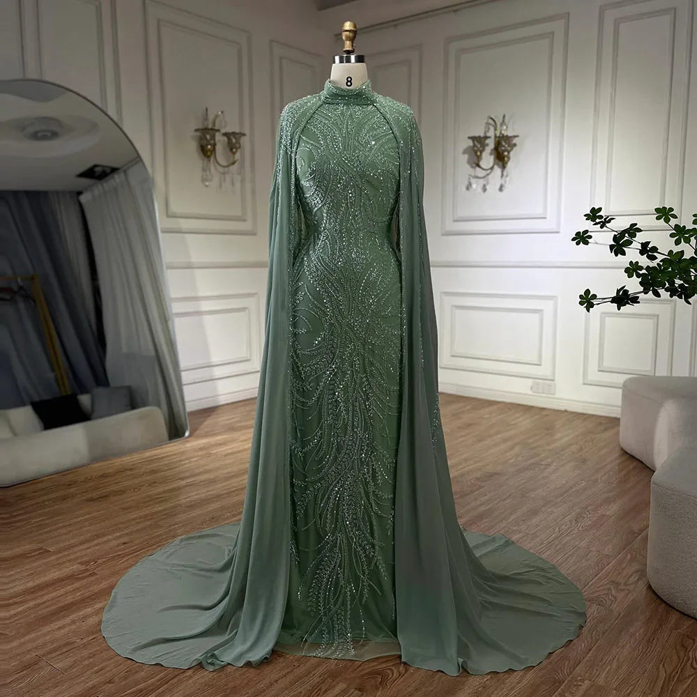 Serene Hill 2024 muslim Sage Green Mermaid Cape Sleeves Beaded Satin Luxury Evening Dresses Gowns for Women Party LA72413