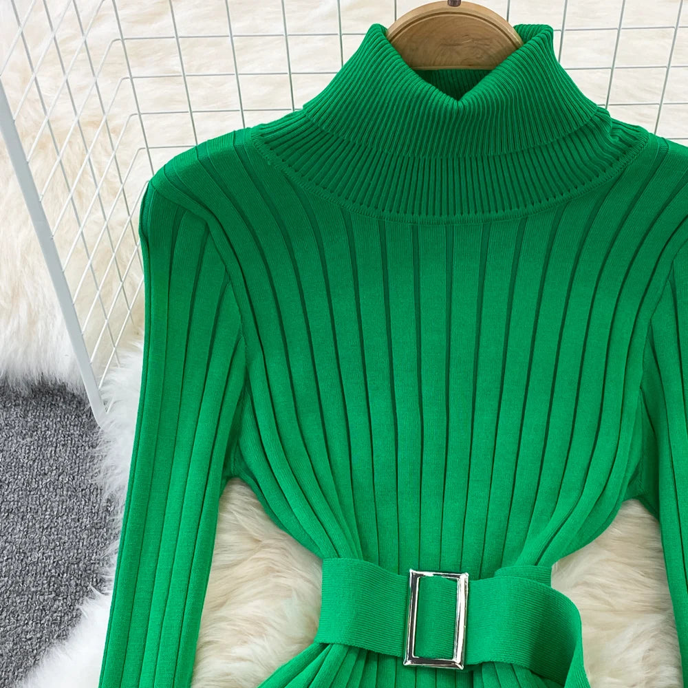 Chic Elegant Turtleneck Long Sleeve Bodycon Dress with Belt Sexy Fashion Knit Vestido Slim Autumn Winter Pencil Sweater Robe