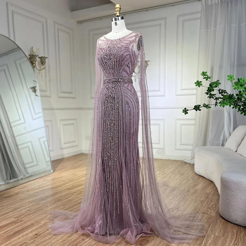 Serene Hill Brown Mermaid Elegant 2024 With Cape Sleeves Beaded Luxury Evening Dresses Gowns For Women Party LA70638