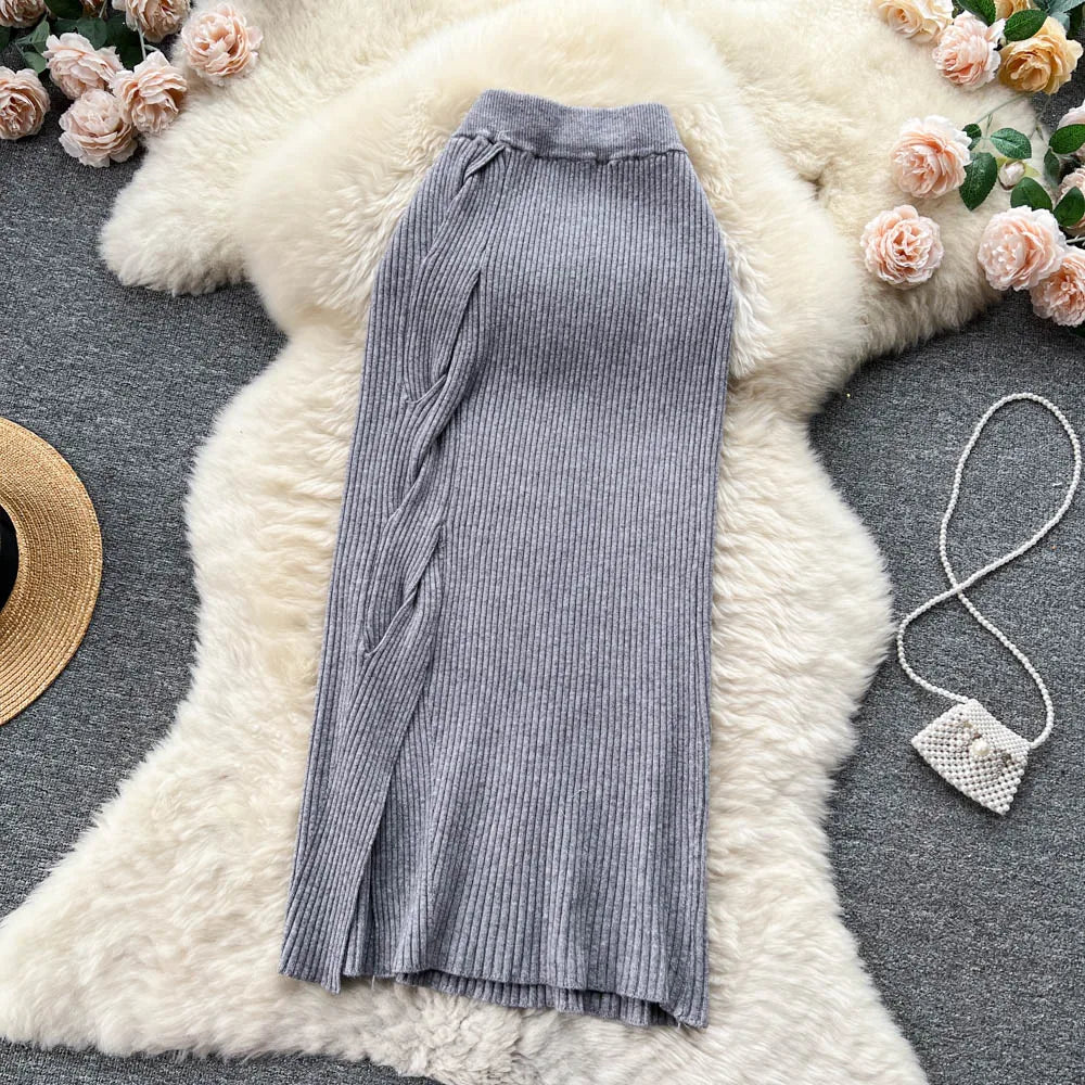 Women Elegant Chic Split Sexy Skirt Elastic Knit High Waist Fashion Vintage Pencil Skirt Black White Spring Autumn Clothing