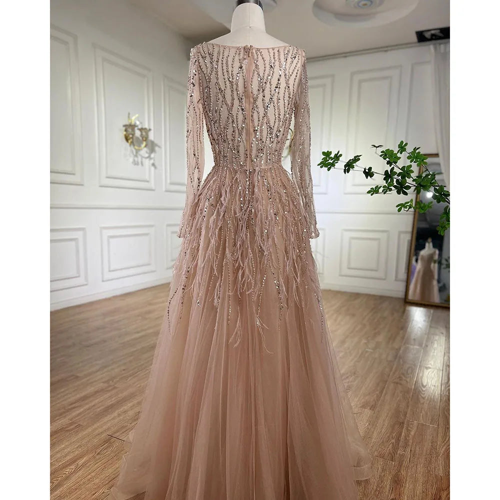 Serene Hill Arabic Red Elegant A Line For Women Long Sleeves Evening Dress Luxury Beaded Handmade Feathers 2024 LA71468